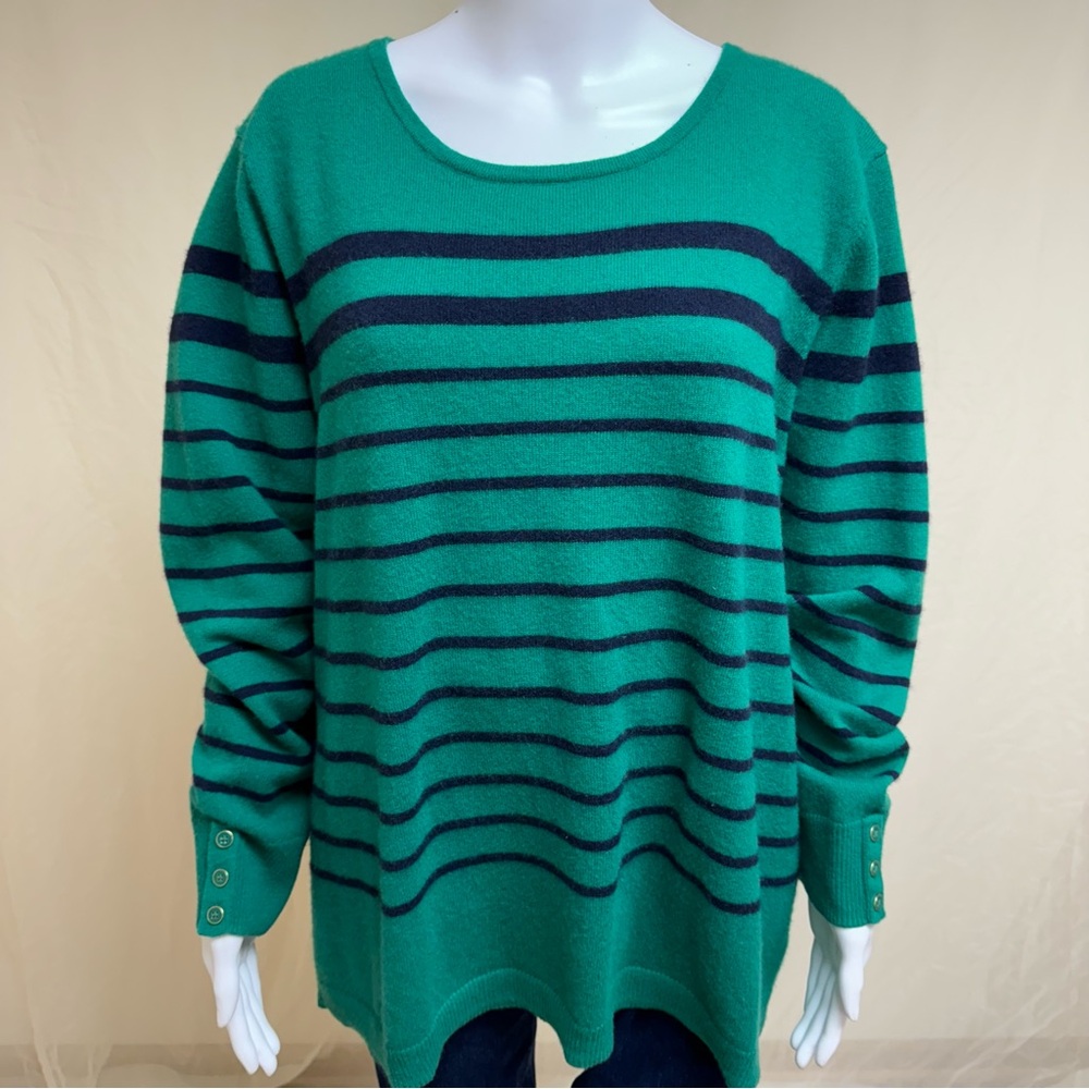 Talbots Pullover 100% Cashmere Sweater Plus 2X Navy Blue Green Striped Soft Slim - Picture 3 of 15